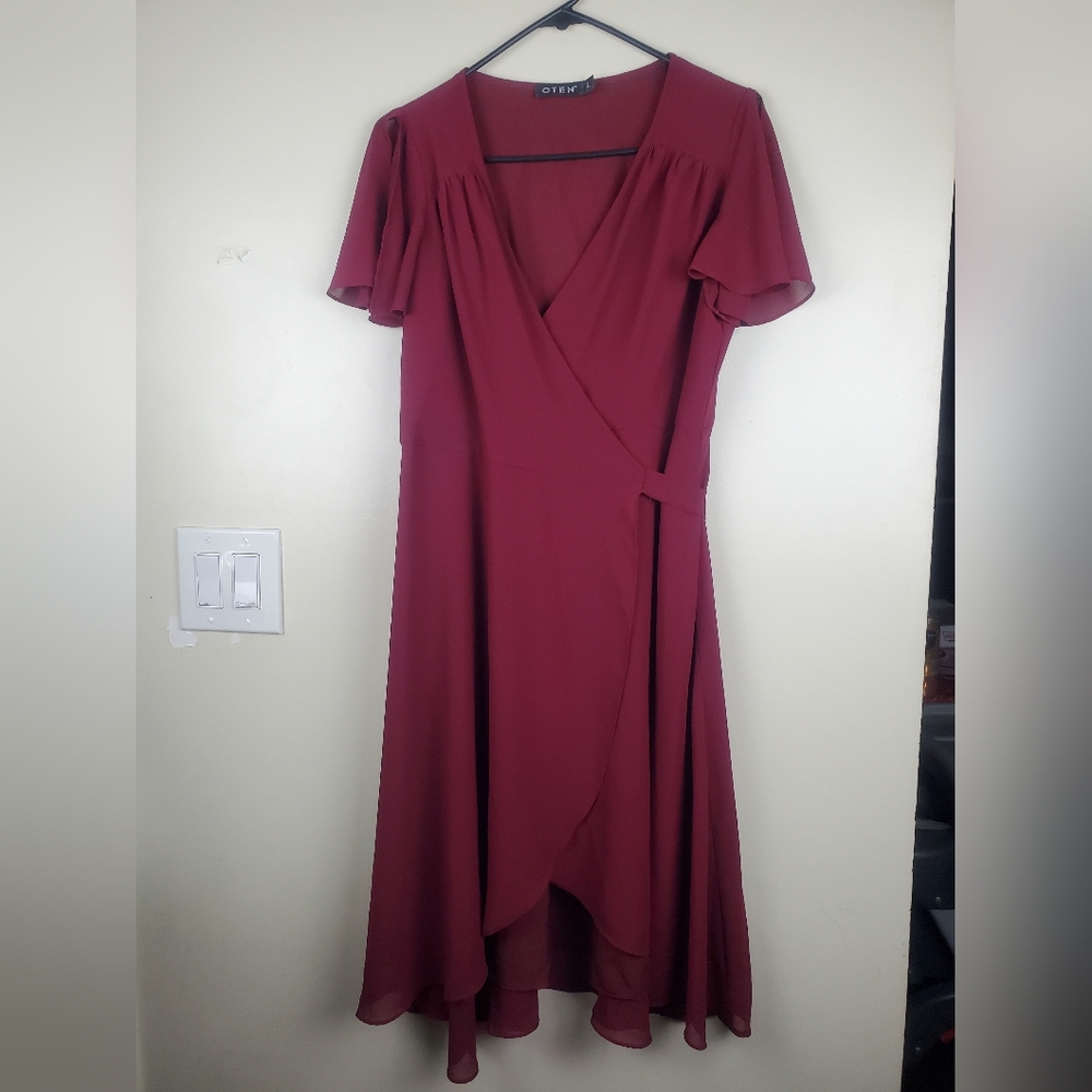 Oten Burgundy Wrap Midi Dress Size L - Picture 3 of 7